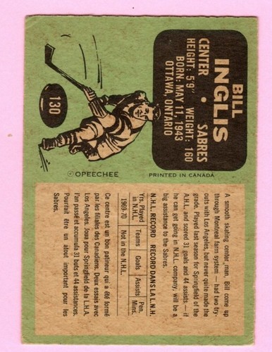 1970-71 O-Pee-Chee Hockey Bill Inglis #130 Buffalo Sabres - Vedi foto - Foto 2 di 2