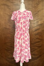 Talbots Short Sleeve Smocked Waist Crepe Dress Womens 10 Pink Floral Ruffle Hem