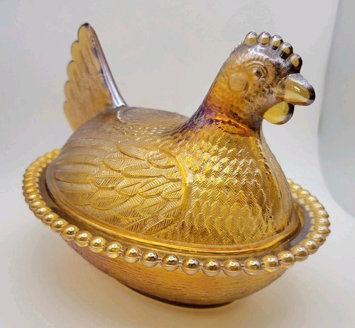 Vintage Indiana Glas irisierend Bernstein Henne auf Nest Huhn bedeckt Schale - Bild 3 von 17