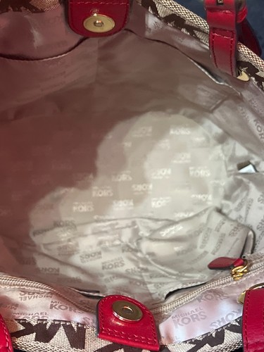 Bolso de Mano Michael Kors MK Monograma Beige Marrón Logo Rojo Cuero Asas Cartera - Imagen 5 de 7