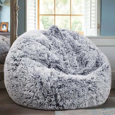 "Faux Fur Bean Bag Chair Cover for Stuffed Animal Storage, Gray"