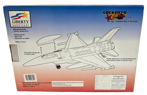 Lockheed F-16 Fighting Falcon Diecast Plane Bank Liberty Spec Cast 1994 - PEPSI - Picture 7 of 9