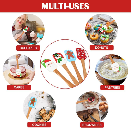 Christmas Silicone Spatula, Set of 4, Christmas Spatulas with Wooden Handle for  - Picture 3 of 12