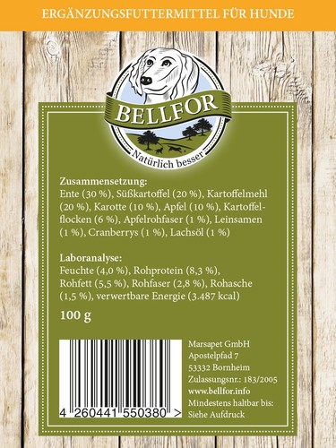 Delicias para perros Bellfor sin granos pato comida para perros merienda galletas para perros 100 g - Imagen 4 de 5