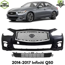 Front Bumper Cover Paintable & Grille Assembly Kit For 2014-2017 Infiniti Q50