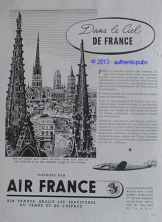 PUBLICITE AIR FRANCE AVION DANS LE CIEL EGLISE CATHEDRALE DE 1949 FRENCH AD PUB - Picture 1 of 1