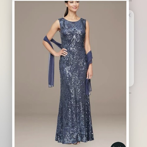 Alex Evenings Blue Purple All Over Sequin Sleeveless Maxi Dress Shawl Size 10