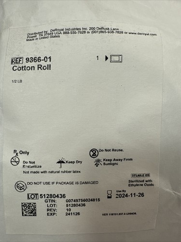 DeRoyal 9866-01 Sterile Cotton Roll. New, Sealed. Exp 11/2024 - Picture 3 of 4
