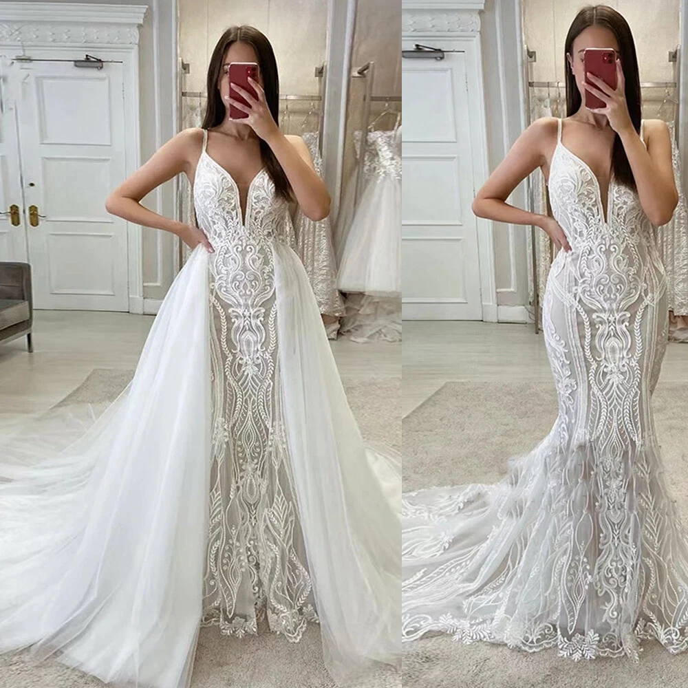 Wedding Dresses Mermaid With Detachable Skirt Straps V Neck White Ivory  Custom | eBay