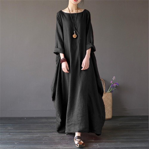 Women's Kaftan Batwing Loose Long Maxi Shirt Dress Linen Cotton Robes Tops Gown - Picture 5 of 17