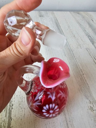 Vintage Fenton Daisy Farn opalisierend Friseur Flasche Bild rosa Preiselbeere Krug cr - Bild 6 von 9