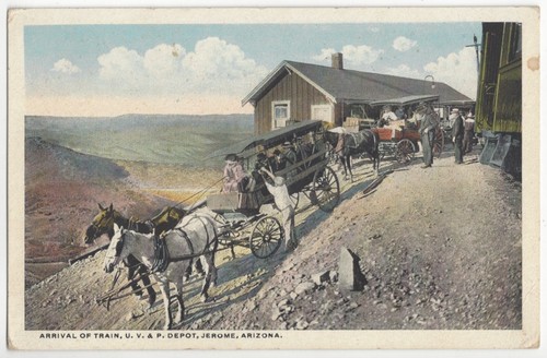 1915 Hieronymus, Arizona - Eisenbahn DEPOT & Postkutsche, alte Postkarte Bergbaustadt - Bild 1 von 2