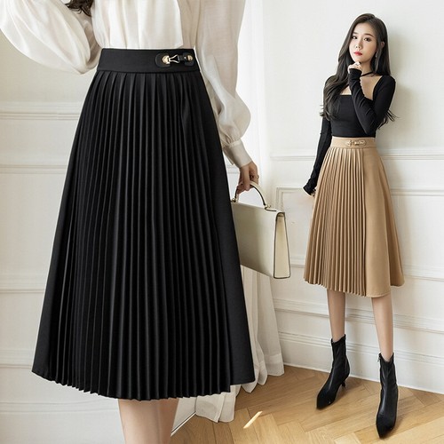 Lady Pleated Skirt Midi High Waist Zip A-line Casual French Black Asymmetric Fit - Bild 2 von 14