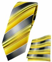 Schmale Tigertie Krawatte + Einstecktuch In Gelb Gold Silber Anthrazit Gestreift