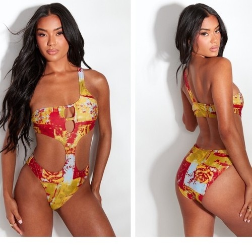 PrettyLittleThing Multi Abstract Print One Shoulder Cut Out Swimsuit SZ 10 NWT - Picture 2 of 12