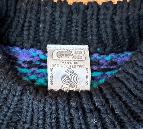 Vtg CB Sports Men's XL 100% Wool Black Fairisle Ski Sweater Oversized Excellent! - Picture 2 of 5