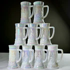 9 Vintage Federal Glass Milk Glass & Moonglow Iridescent Beer Mugs Tavern Scene