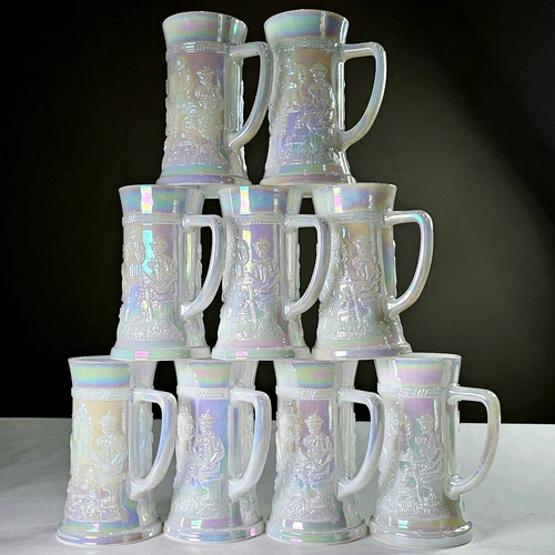 9 Vintage Federal Glass Milk Glass & Moonglow Iridescent Beer Mugs Tavern Scene