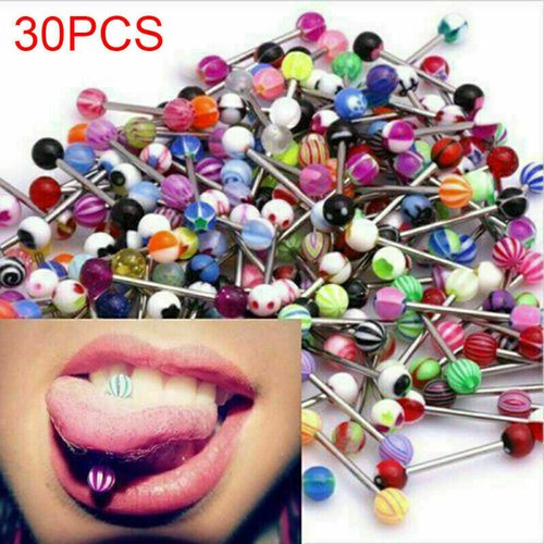 30pcs Steel Bar Tongue Rings Body Piercing Jewelry Tounge Bars Mixed Colorful - Picture 2 of 15