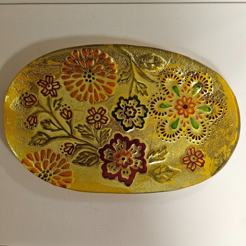 Gold Glass Painted Floral Multicolor Platter Serving Dish COLORFUL! - Picture 1 of 4