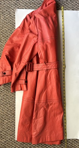 VTG Womens Leather Trench Salmon Pink Black Topstitching Belted Details Size MED - Picture 11 of 19