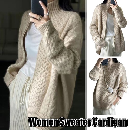Mujeres Suéter Cárdigan Invierno Tejido Crochet Cuello Alto Prendas para el torso Pullover Top - Imagen 1 de 11