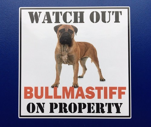 WATCH OUT BULLMASTIFF ON PROPERTY DOOR WINDOW STICKER DECAL HOUSE GATE DOG LAND - Picture 1 of 2