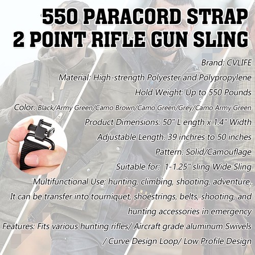Tactical 550 Paracord Rifle Gun Sling Shotgun Crossbow 2 Point Adjustable Swivel - Picture 3 of 37