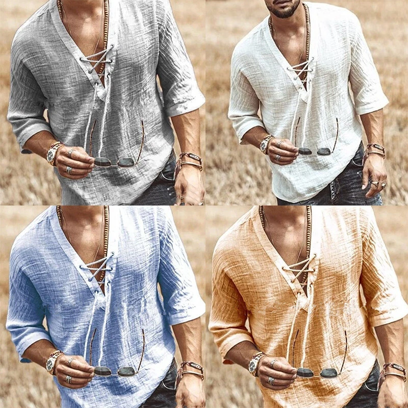 Men Casual Slim Fit V Neck Half Sleeve T Shirt Tee Top Solid Color Blouse