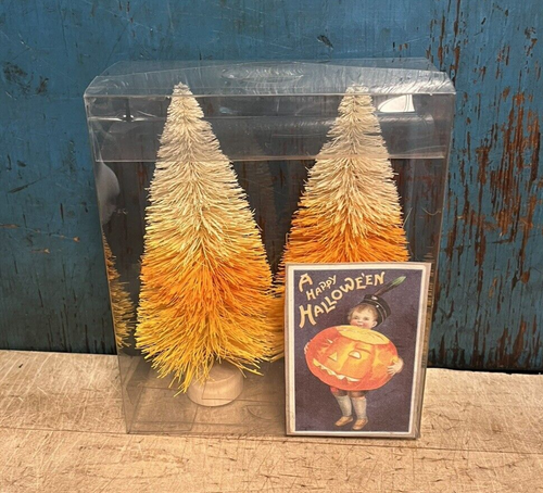 Candy Corn Bottle Brush Tree 6 "Primitive Fall Halloween Decor Boxed Set of 2 - Imagen 6 de 24