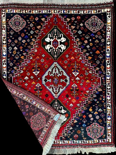 Authentic Wool Area Rug Qashqai Hand Knotted Red Gray Multicolor Geometric 4x5’ - Picture 10 of 17