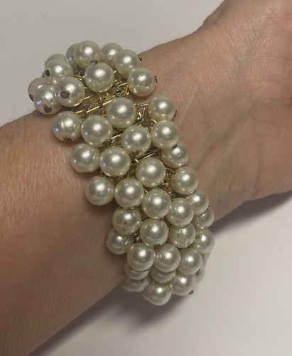 Pulsera elástica Cha Cha Cha vintage imitación beige perlas tono dorado talla pequeña mediana-lg - Imagen 3 de 7