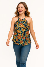 American Eagle Floral Halter Dress M Navy Pink Yellow Boho Summer