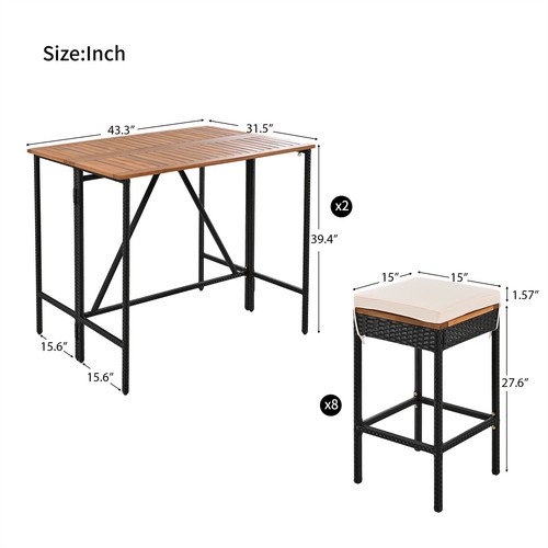 10pcs Patio Bar Set Garden Wood Foldable Dining Table Set 8 Stools with Cushions - Picture 2 of 17