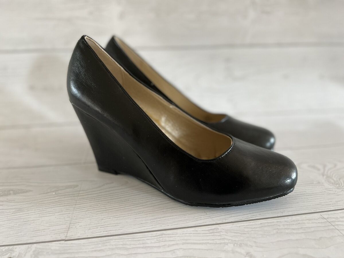 Black wedge Womens Slip On Pump Shoes Low Wedge Heels Round Toe