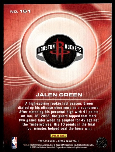 2022-23 PANINI RECON JALEN GREEN HOUSTON ROCKETS #161 - Picture 2 of 2