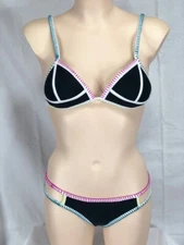 Junior's NWT Hula Honey Push-Up Bikini 2 Pcs Set Black/Multi Color Accent Stitch