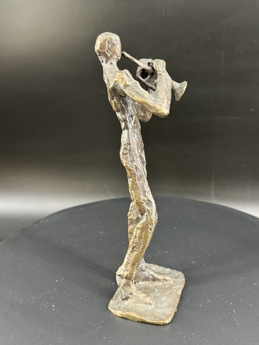 Vintage MCM Brutalist Cast Bronze Sculpture Trumpet Player Figure Statue 7.5" - Picture 5 of 11