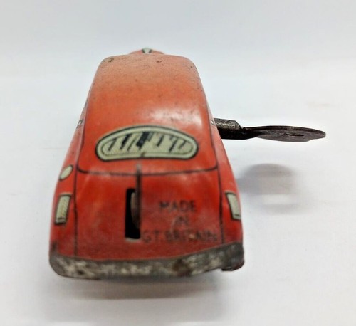 1940-50s Red Car lithographed car tin toy with clockwork & Key, Made in Britain - Picture 2 of 6