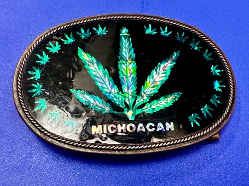 Michoacan Marijuana Cannabis Weed Pot Leaf Vtg. Belt Buckle Payan Lendo Mexico - Picture 3 of 18