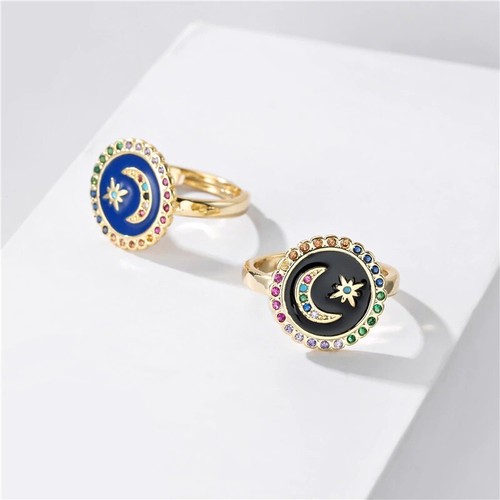 Moon Star Gold Plated Ring Hippie Oil Drop Colored Zircon Adjustable Jewelry - Picture 2 of 11