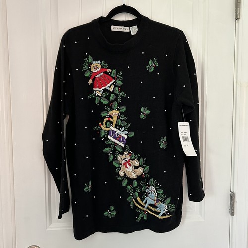 Victoria Jones Embroidered Sweater Womens XL Black  Christmas With Pearls Detail - Picture 1 of 7