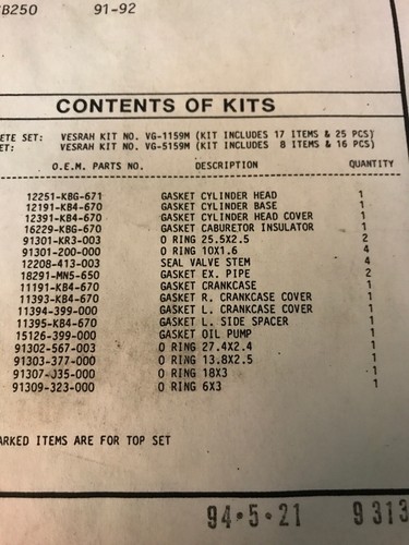 NOS VESRAH VG-1159M COMPLETE GASKET SET HONDA 91-92 CB250 - Foto 5 di 5
