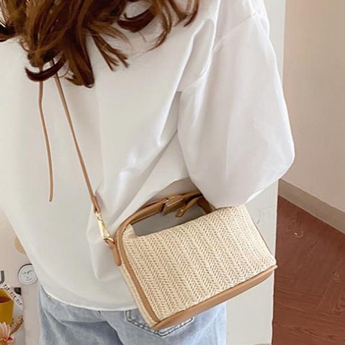 Women Straw Crossbody Bag Small Knitting Bucket Handbag Summer Beach Bags - Picture 8 of 21