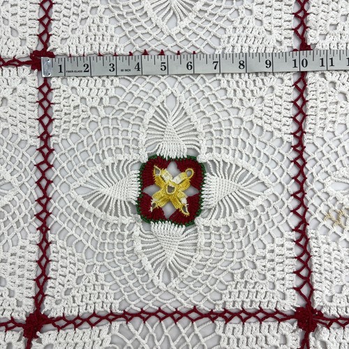 Vintage Crocheted Table Cover Squares White Red 50x70 (Christmas) Gold - Picture 8 of 11