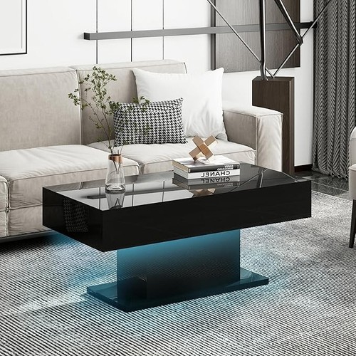 High Gloss Coffee Table with LED Light Living Room Cocktail Sofa Center Table - Picture 24 of 87