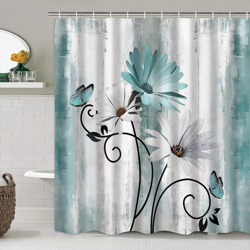 Teal Daisy Flower Shower Curtain Sets with Rugs 4 Piece Rustic Flower - Picture 5 of 8