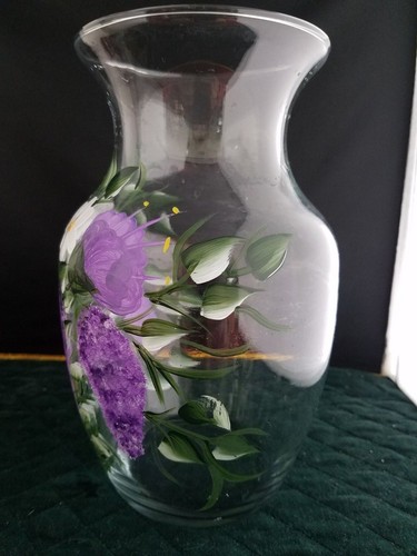 Vintage Hand Painted Clear Glass Vase With Handpainted Flowers 8 Vintage Hand Painted Clear Glass Vase With Handpainted Flowers 8