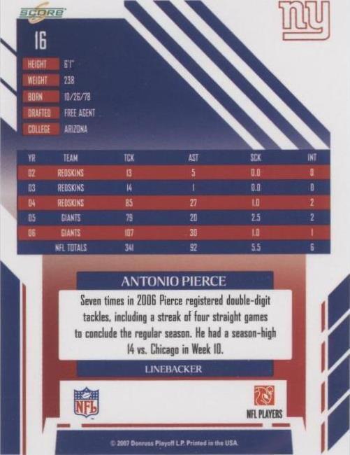 2007 Score Select Antonio Pierce #16