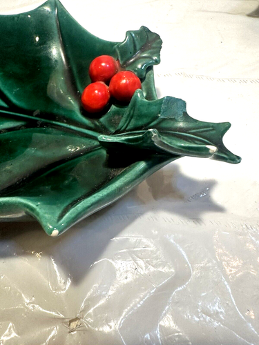 3 Vtg Lefton 1347 Holly Berry Xmas Ceramic Dish 7.5" Long Lefton Japan *AS IS* - Picture 3 of 10